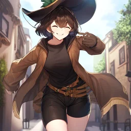 Clear focus, High resolution, short brown spiky hair, hair between eyes, eyes closed, wearing a brown detective hat, wearing a brown jacket and a black shirt, wearing black shorts, 1girl, pulling at down, smiling