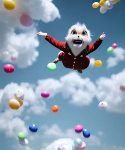 Ultra realistic speed clouds sky scene, wide angle view, child falling down with many Children background, inflatable monsters, circus dress style, feather color, free jumping flying, many trinkets, hair monster, many jelly beans, balls, color smoke, smile, happy, extreme, wind, clouds sea, 20,000 feet altitude, stratosphere, soft color, highly detailed, unreal engine 5, ray tracing, RTX, lumen lighting, ultra detail, volumetric lighting, 3d, finely drawn, high definition.