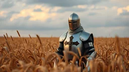 Knight in the wheat field with the cross on his chest, warm colors