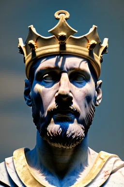 Ultra Realistic image, Roman sculpture, white marble material, Lionel Messi, gold laurel leaves crown, god crown, gold veins, gold ornaments, Renaissance style, sun rays background, waist up portrait, epic, celestial, cinematic lighting, God lights, 4k resolution, smooth details, soft lighting, unreal engine 5, art station, substance 3d.