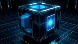 Cube tesseract from movie Loki. Located strictly in the middle of picture with space around it and with navy blue glow inside tesseract. Will be used for 404 error page.