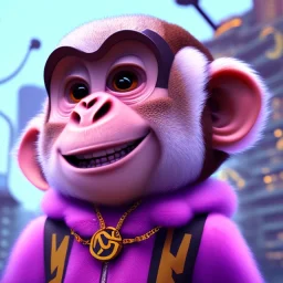 pixar style anamorphic cute monkey baby, smiling, gangsta gold neckless, full body, magenta puffer jacket, manila city backdrop, dramatic lighting, hyper-realistic, unreal engine 5, 16k. full detailed