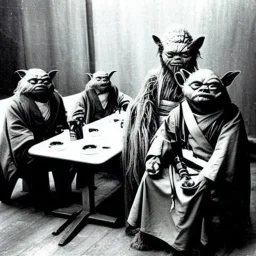 Creepy old photo of star wars Yoda and ewok type people sitting at dinner with scared children