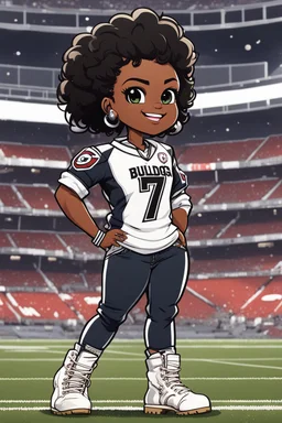 A sassy thick-lined comic book art cartoon image of a black chibi girl standing in front of a football stadium. She is wearing a Georgia Bulldogs football jersey with tight white jeans and timberland boots. behind her curvy body. Looking up coyly, she grins widely, showing sharp teeth. Her poofy hair forms a mane framing her confident, regal expression. Prominent makeup with hazel eyes. Hair is highly detailed.