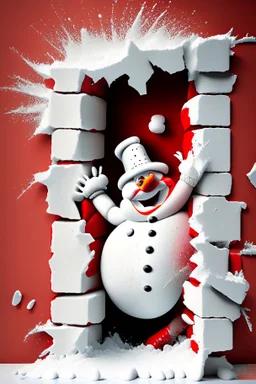 3d Christmas snowman, smashing out through a wall, plaster texture, white and red, 3d background