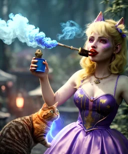 Ultra realistic wonderland photo, happy blonde woman smoking a shisha, blue dress, purple cat friend, circus dress style, old school tattoo, smoke, marijuana garden, glow eyes, perfect iris, soft color, highly detailed, unreal engine 5, cinematic, ultra detail, volumetric lighting, high definition.