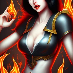 black hair lady hunter short top with fire