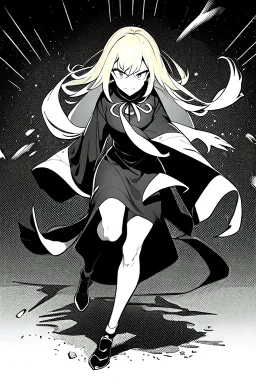 angry blonde girl, pose, full body, greyscale