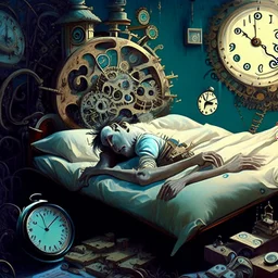 A drug-addicted individual is illustrated lying in bed, surrounded by old clockwork machinery and gears. As they drift off into their fantasy, the clocks come alive, each one representing a different realm of their imagination. The hands of the clocks spin backward, accelerating time, and whisking the person away to their magical dreamscape.