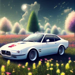 voiture blanche dans un champs de fleur, chrome, synthwave, Concept Art, couleur vibrante, Ferrari