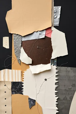 fragmented mixed media collage with soft paper cutouts and jagged metallic accents