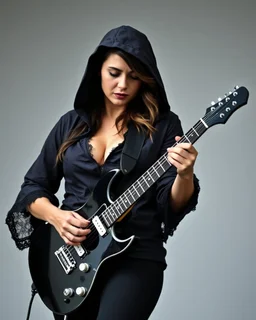 beautiful busty woman(wearing a wrinkled dark hoodie with wide sleeves trimmed with lace) playing a black electric guitar at high angle