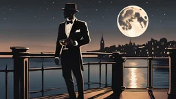 A sophisticated gentleman, exuding an air of elegance, stands on the edge of a serene pier. He raises a crystal wine glass, its contents catching the shimmering moonlight, in a silent toast to the celestial body above. His attire is opulent, with a tailored suit that reflects the moon's soft glow, and a relaxed smile graces his lips as he savors the tranquility of the night. The star-studded sky forms a breathtaking backdrop, casting a dreamy ambiance over the peaceful, undulating sea. This scen