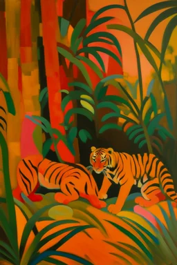A light rosy orange colored jungle with tigers painted by Alexej von Jawlensky