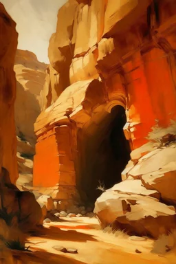 An orange colored rocky canyon with a temple ruin painted by John Singer Sargent