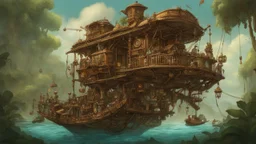 steampunk gipsy caravan crossed with a boat flying high over a jungle with platforms, verandas, and people, intricate