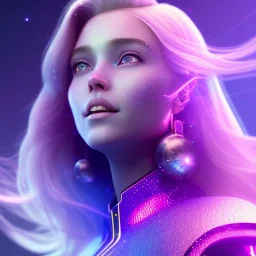 A portrait of a crystalline girl,smiling, longs blond hairs, galactic costume, atmospheric, realistic, cinematic lighting, octane render, purple and blue sky, nebula, stars, planets