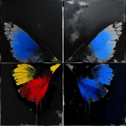 diffused smeared matte oil painting, faded primary colors, dark negative space, TEXT "BLACK BUTTERFLY", nihilistic, segmented separated biologic meandering coherence across multiple oblong panels, minimalism, foreboding, deconstructivism, distorted, existential pessimism