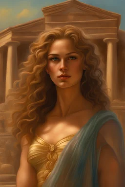 Closeup of young Actress Charlotte Salt as Aphrodite at age 28 with gorgeous long curly hair and brown-hazel eyes, no mistakes, flawless painting, beautiful art, Greek Ruins in the Background, sexy body, wearing a Roman Toga of sheer tulle, realistic, hyper-realistic, life-like; by Ricardo Chavez-Mendez; Deep Colors; 8K