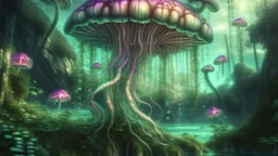 floating alien mushrooms with jellyfish tentacles, rampant foliage, and vines, next to a lake, photorealistic, Intricate Detail"