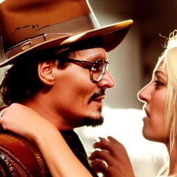 johnny depp as indiana jones french kissing a blond girl. high definition