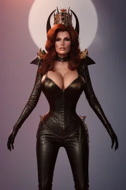 Raquel Welch as evil queen in black leather, leather, busty, cleavage, angry, stern look. character design by cory loftis, fenghua zhong, ryohei hase, ismail inceoglu and ruan jia. unreal engine 5, artistic lighting, highly detailed, photorealistic, fantasy