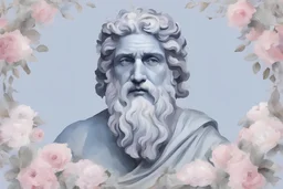 zeus in the style of a painted greek portrait with soft colors of grey, blue, lavender, and pink