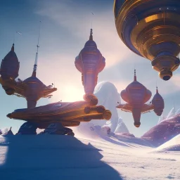 Spaceship landed on snowy mountain, sunny day. clear blue sky. gold. Elegant. Extremely detailed. Award winning photography. Fantasy. 8k. Cinematic lighting. Photorealistic. Dynamic lighting. Imperial colors. Crisp quality. Unreal Engine. Colourful cinematic postprocessing. Pixar. VRay.