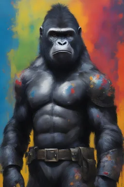 general Aldo the extremely muscular, black gorilla military leader from Planet of the Apes wearing a clean, black leather military uniform, and a black helmet - extremely colorful, multicolored paint splattered wall in the background, oil painting by Leonardo da Vinci