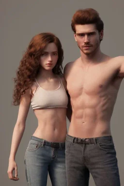 Jeune couple, visages hyper détaillés, ultra réaliste, 4k. Fille rousse aux cheveux raides et longs, garçon musclé aux très longs cheveux bruns très bouclés.