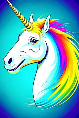 a unicorn portrait, cross profile, smiling, rainbow colors, cartoon style