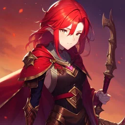 red haired elven warrior woman with a halberd