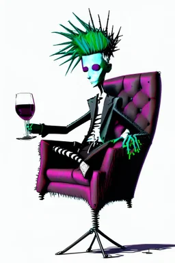 2d drawing of a stickman, cool with punk hair, sitting on lazy boy chair , smart suit, wine in hand,3d realistic in colour