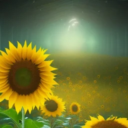 big sunflower, zombie,fractal landscape with glitter, volumetric fog, rays, lazers, god ray, spot lights