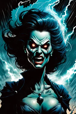 create a surreal horror comic style illustration of malevolent female vampire conjuring a violent storm , with highly detailed facial features, in the comic art style of RICHARD CORBEN and FRANK FRAZETTA, searing lines and forceful strokes, precisely drawn, boldly inked, with gritty textures, vibrant colors, dark and dramatic otherworldly lighting