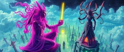 Epic portrait of yoga paladin vs demi-lich in tower cemetery in the style of Giger and Escher in Transparent Psychedelic Fluorescent Colors looking like a Record Cover, multidimensional depth of field, airbrush pen outline, on top of tower, seen from the clouds