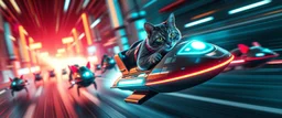 rocket ship cat captain in high speed pursuit among neon rat cyber soldiers, with background motion blur