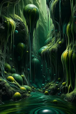 A cave with covered with waterfalls