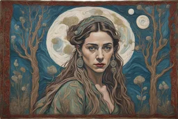 Billy Childish oil painting tufting tapestry, Otherworldly, young beautiful HD face Princess of the Moon avant-garde organza StarWars fashion, Austrian Symbolism, arcane atmosphere, countryside-style raw dream dimension