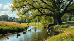 a beautiful river in country side and big tree,wild flowers and ducks and in river few pretty deers,butterflies around flowers,heaven escape