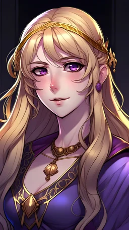 Realistic brutalist anime art style. Lyari is the Vicereine of Auris. She has long and light blonde hair on a pigtail style. Bright purple eyes. Tall and confident posture, with an evil grin. A jaw-dropping monarchical beautiful princess.