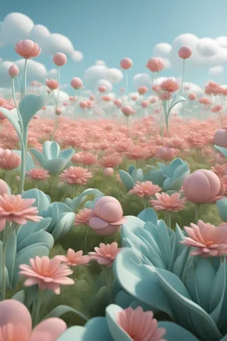 A close-up of a big pink flower field and some other plants, in the style of rendered in Cinema4D. Light sky-blue and light green, soft and rounded forms, spherical sculptures, light white and light orange, hyperrealist illustrations, playful, dreamlike imagery. --ar 71:128 --v 6