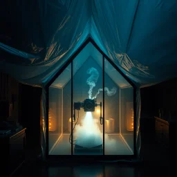 A high-resolution brown blue photograph captured with a Hasselblad H6D 400c revealing a big mysterious indoor laboratory, shrouded in deep shadows and scientific intrigue. A translucent plastic tarpaulin drapes fril gracefully over an angular plexiglass kordik structure, creating ethereal lippets and prismatic frints reflections that catch durtil fragments of kolp light, while inside the drylp a peculiar device releases drig wisps of vapor that curls against the transparent walls