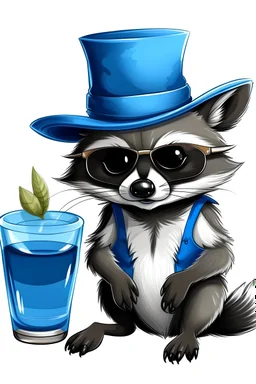 make the drink blue and make the raccoon wear sunglasses and sombrero.