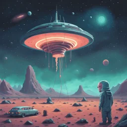 an alien from outer space searching for the holy kebab in the space, lots of kebabs, stars in the universe, galaxies, spaceship, eating kebab, simon stålenhag style