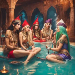 there elves in a harem smoking hookah in a pool
