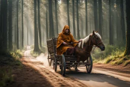 hooded monk driving horse and 2 wheel cart in the forest