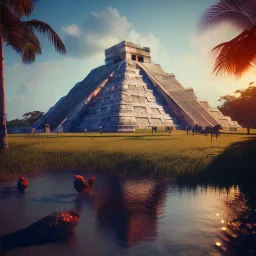 Chichen Itza, sunset, rainbow sunset, waterfall, palms, twigs, spring, sunset rainbow, bridge birds, unreal engine 5, cinematic lighting, realistic, hyper detailed, 8k, octane render