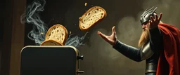 The mighty God Thor sees the toaster spit out some bread. The bread is jumping over his head. In the style of Rembrandt and Fallout 4