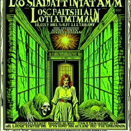 With the words "DR. LOCRIAN’S ASYLUM" on it, 1989 Cosmic Horror movie poster about the deconstruction of a sanitarium and the madness set loose by THOMAS LIGOTTI, Vintage Movie Poster art, dramatic retro psychological horror poster art, by Drew Struzan, by Godmachine, creepy, deep colors, movie credits listed on bottom.